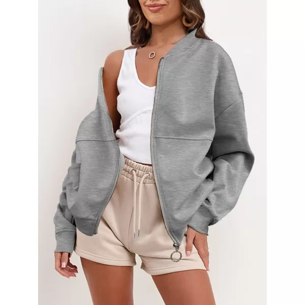 SuperPrity Women Crewneck Zip Up Sweatshirts Long Sleeve Oversized Jacket Coat Pocket Casual Hoodie 2024 Fall Trendy OutfitsLight Grey