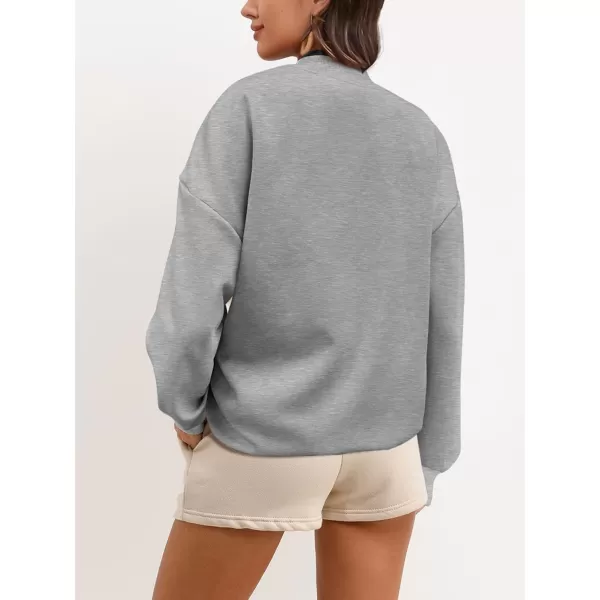 SuperPrity Women Crewneck Zip Up Sweatshirts Long Sleeve Oversized Jacket Coat Pocket Casual Hoodie 2024 Fall Trendy OutfitsLight Grey