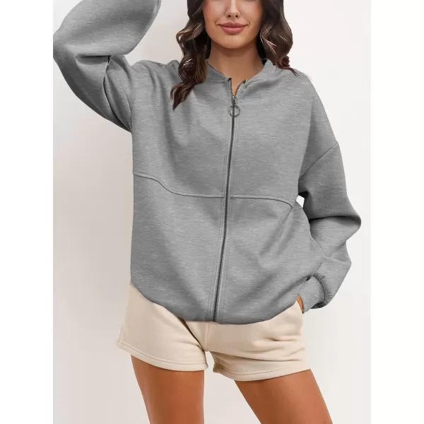 SuperPrity Women Crewneck Zip Up Sweatshirts Long Sleeve Oversized Jacket Coat Pocket Casual Hoodie 2024 Fall Trendy OutfitsLight Grey