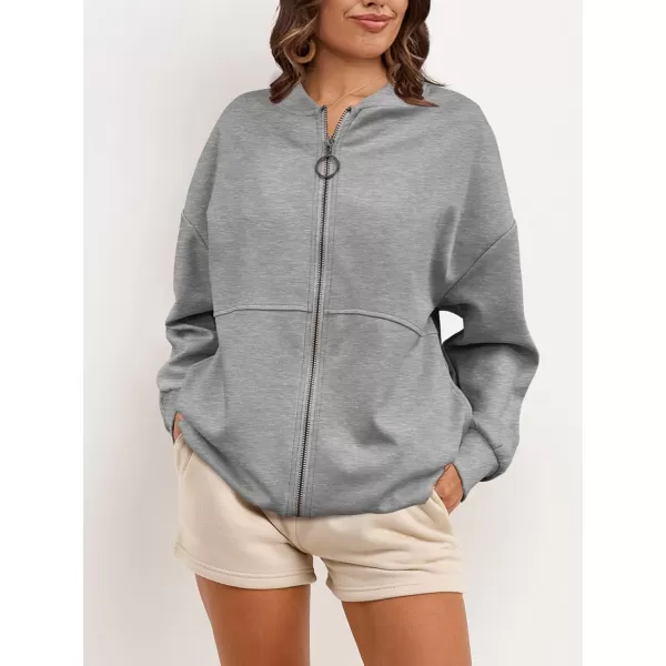 SuperPrity Women Crewneck Zip Up Sweatshirts Long Sleeve Oversized Jacket Coat Pocket Casual Hoodie 2024 Fall Trendy OutfitsLight Grey