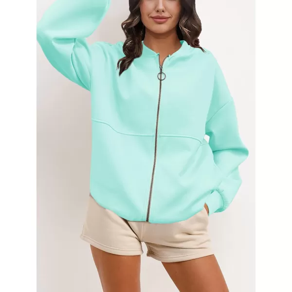 SuperPrity Women Crewneck Zip Up Sweatshirts Long Sleeve Oversized Jacket Coat Pocket Casual Hoodie 2024 Fall Trendy OutfitsMint Green