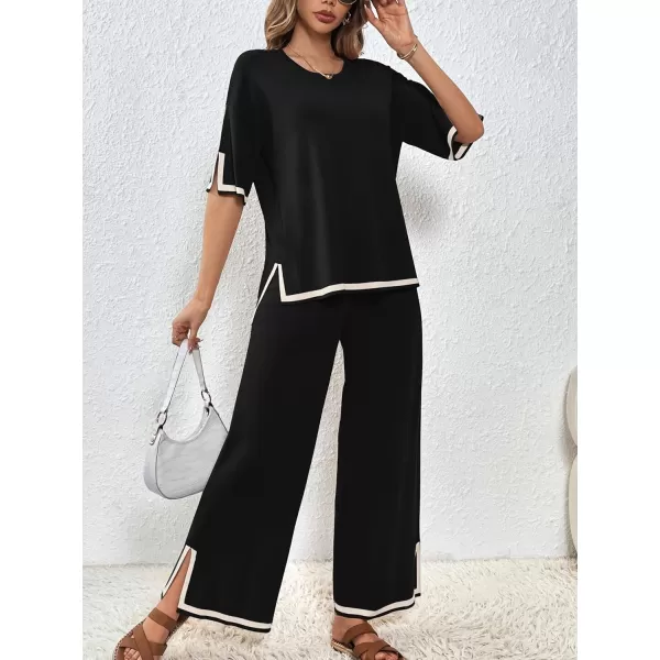 SuperPrity Women Sweater Sets 2 Piece Outfits Short Sleeve Knit Pullover Tops High Waisted Wide Leg Pants Lounge Sets01black