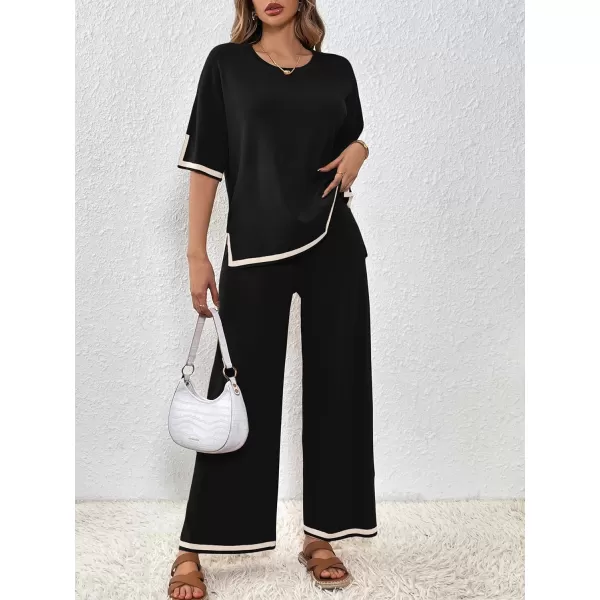 SuperPrity Women Sweater Sets 2 Piece Outfits Short Sleeve Knit Pullover Tops High Waisted Wide Leg Pants Lounge Sets01black