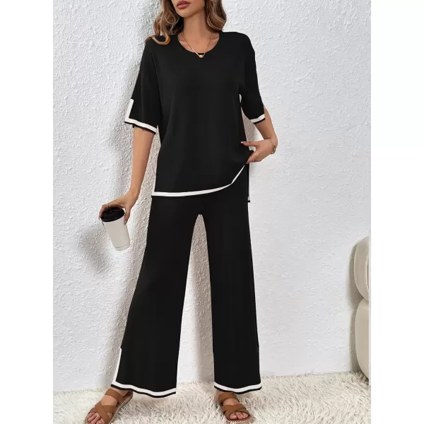 SuperPrity Women Sweater Sets 2 Piece Outfits Short Sleeve Knit Pullover Tops High Waisted Wide Leg Pants Lounge Sets01black