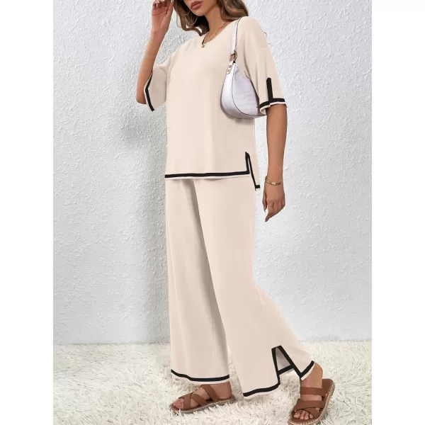 SuperPrity Women Sweater Sets 2 Piece Outfits Short Sleeve Knit Pullover Tops High Waisted Wide Leg Pants Lounge Sets02beige