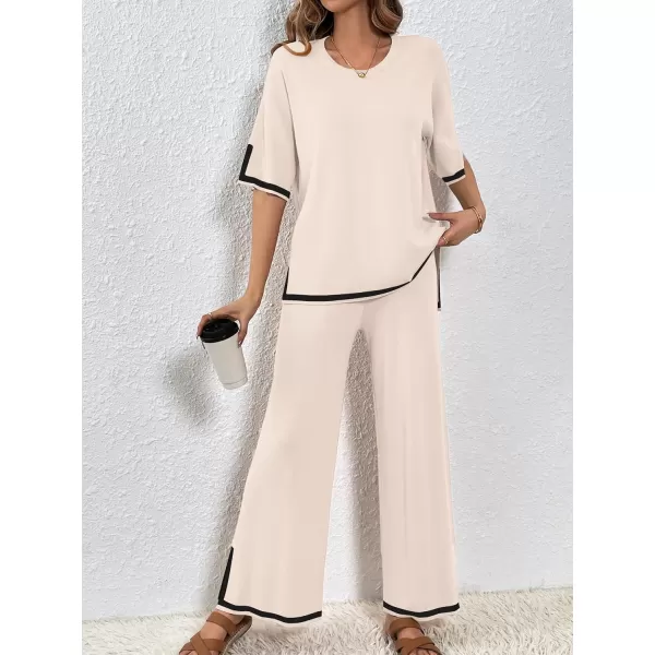 SuperPrity Women Sweater Sets 2 Piece Outfits Short Sleeve Knit Pullover Tops High Waisted Wide Leg Pants Lounge Sets02beige