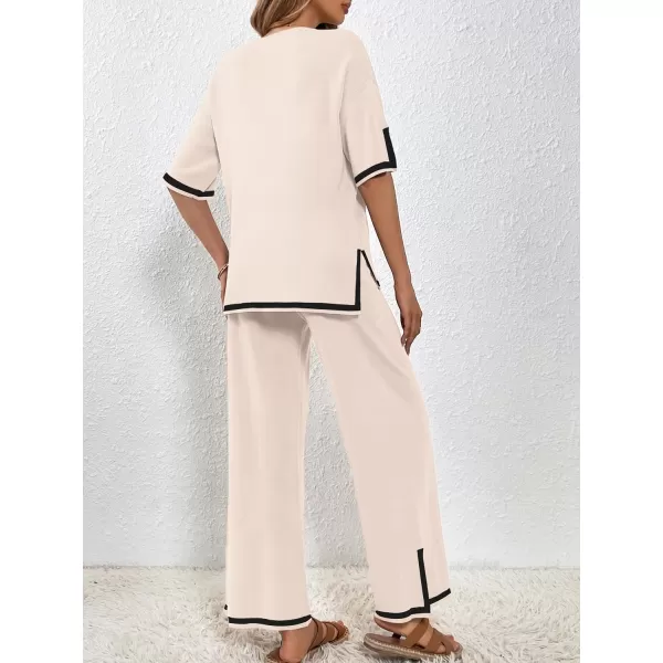 SuperPrity Women Sweater Sets 2 Piece Outfits Short Sleeve Knit Pullover Tops High Waisted Wide Leg Pants Lounge Sets02beige