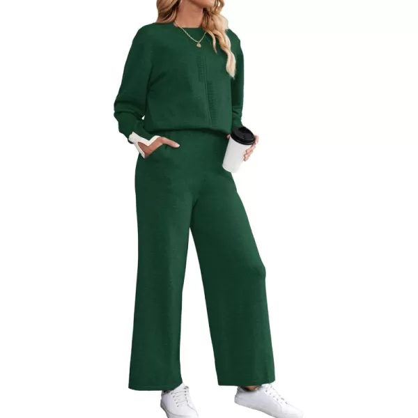 SuperPrity Lounge Sets for Women Fall Fashion 2024 Two Piece Outfits Long Sleeve Knit Top Wide Leg Pants Matching Sweater Set04dark Green