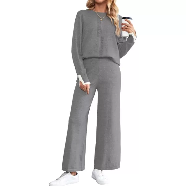 SuperPrity Lounge Sets for Women Fall Fashion 2024 Two Piece Outfits Long Sleeve Knit Top Wide Leg Pants Matching Sweater Set05grey