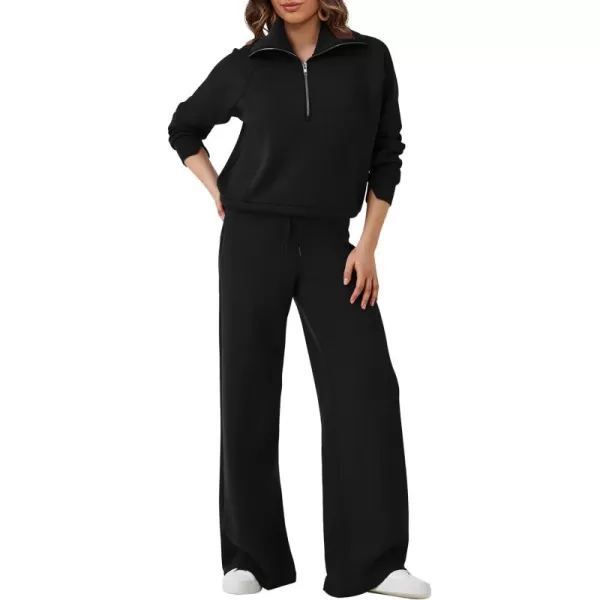 SuperPrity Women 2 Piece Outfits 2024 Fall Fashion Trendy Sweatsuit Oversized Sweatshirt Sweatpants Matching Sweat Lounge SetBlack