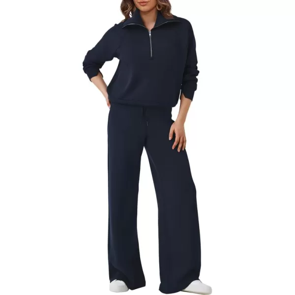 SuperPrity Women 2 Piece Outfits 2024 Fall Fashion Trendy Sweatsuit Oversized Sweatshirt Sweatpants Matching Sweat Lounge SetNavy Blue