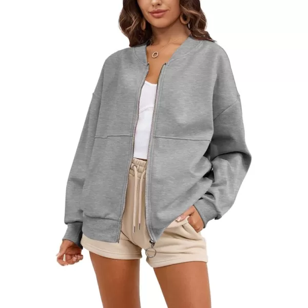 SuperPrity Women Crewneck Zip Up Sweatshirts Long Sleeve Oversized Jacket Coat Pocket Casual Hoodie 2024 Fall Trendy OutfitsLight Grey