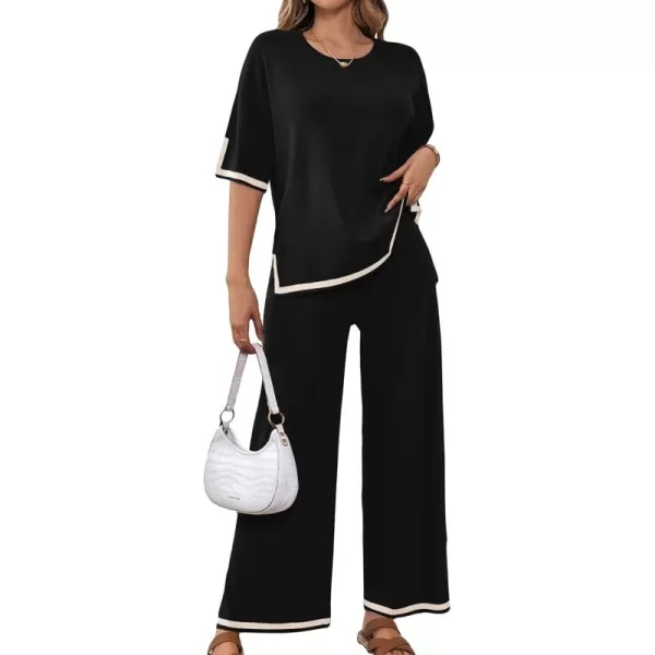 SuperPrity Women Sweater Sets 2 Piece Outfits Short Sleeve Knit Pullover Tops High Waisted Wide Leg Pants Lounge Sets01black