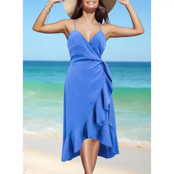 SouqFone Women Midi Dresses Summer Beach V Neck Sleeveless Tie Waist High Low Hem Wrap Dress