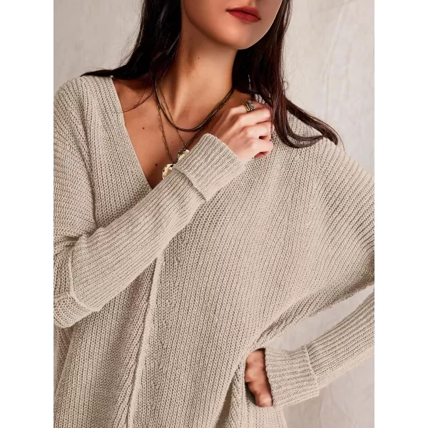 SuperPrity Womens Sweaters V Neck Long Sleeve 2024 Fall Oversized Front Slit Knit Pullover Sweaters Top Casual Trendy ClothesApricot