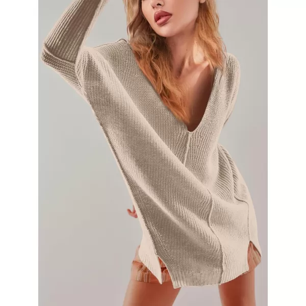 SuperPrity Womens Sweaters V Neck Long Sleeve 2024 Fall Oversized Front Slit Knit Pullover Sweaters Top Casual Trendy ClothesApricot