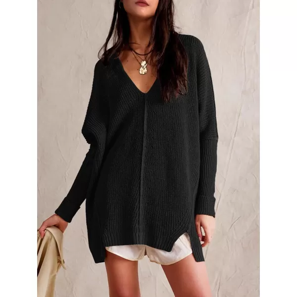 SuperPrity Womens Sweaters V Neck Long Sleeve 2024 Fall Oversized Front Slit Knit Pullover Sweaters Top Casual Trendy ClothesBlack