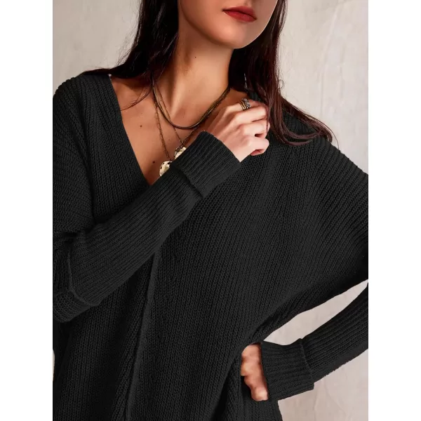 SuperPrity Womens Sweaters V Neck Long Sleeve 2024 Fall Oversized Front Slit Knit Pullover Sweaters Top Casual Trendy ClothesBlack