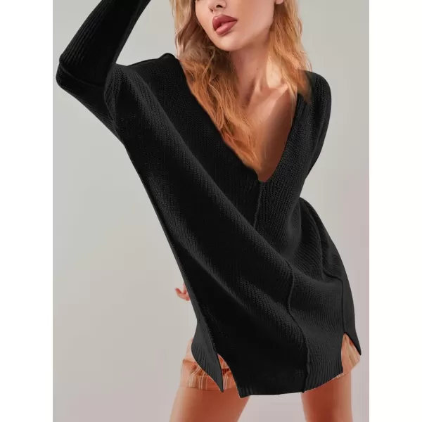 SuperPrity Womens Sweaters V Neck Long Sleeve 2024 Fall Oversized Front Slit Knit Pullover Sweaters Top Casual Trendy ClothesBlack