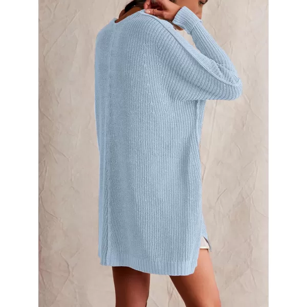 SuperPrity Womens Sweaters V Neck Long Sleeve 2024 Fall Oversized Front Slit Knit Pullover Sweaters Top Casual Trendy ClothesLight Blue