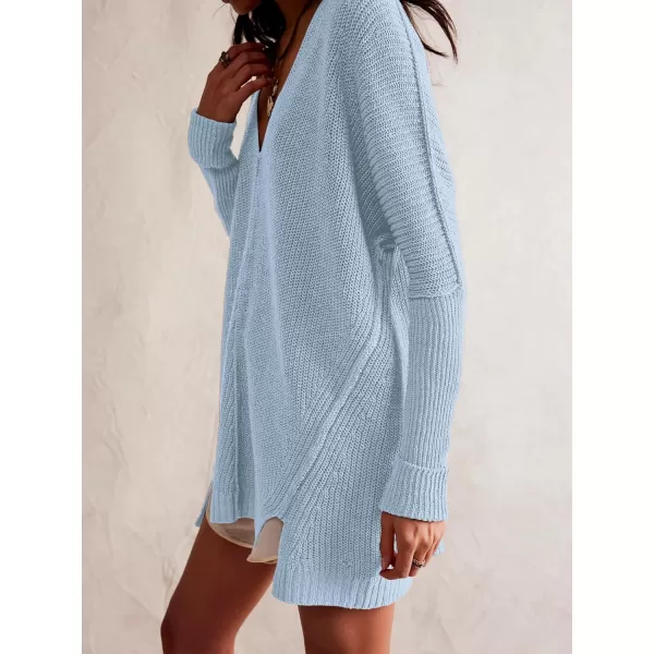 SuperPrity Womens Sweaters V Neck Long Sleeve 2024 Fall Oversized Front Slit Knit Pullover Sweaters Top Casual Trendy ClothesLight Blue