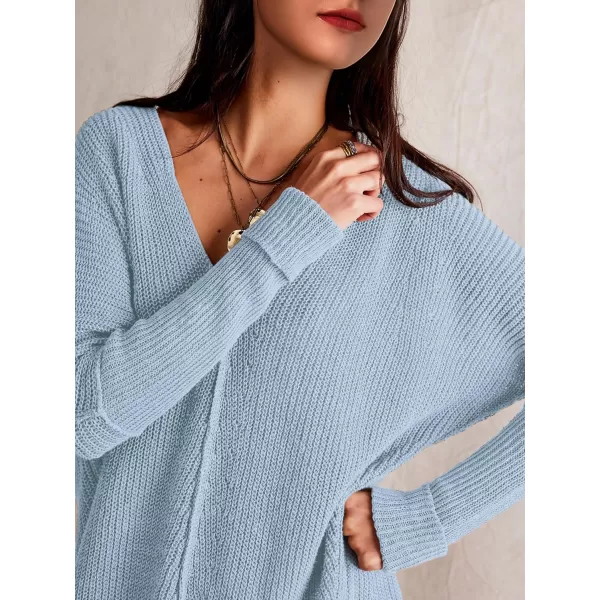 SuperPrity Womens Sweaters V Neck Long Sleeve 2024 Fall Oversized Front Slit Knit Pullover Sweaters Top Casual Trendy ClothesLight Blue