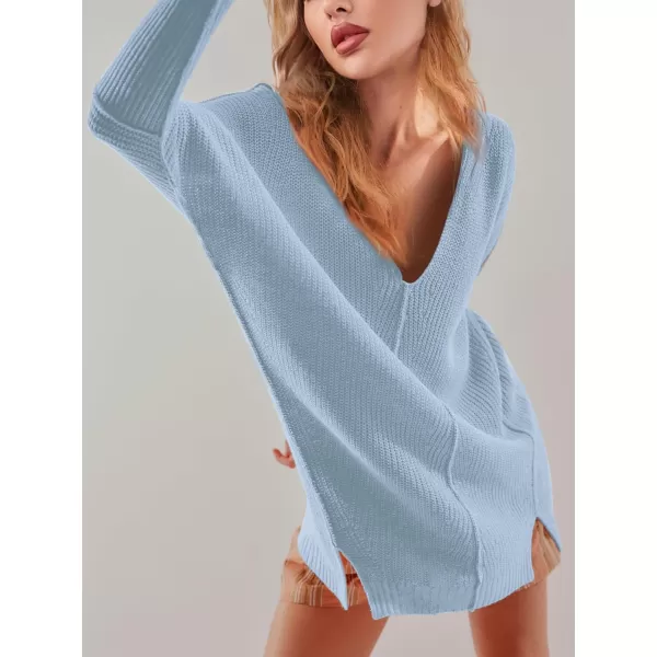 SuperPrity Womens Sweaters V Neck Long Sleeve 2024 Fall Oversized Front Slit Knit Pullover Sweaters Top Casual Trendy ClothesLight Blue