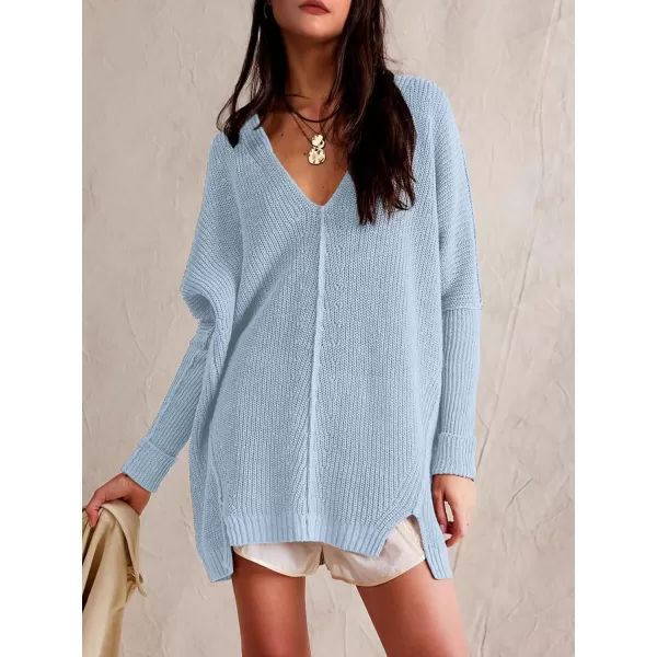 SuperPrity Womens Sweaters V Neck Long Sleeve 2024 Fall Oversized Front Slit Knit Pullover Sweaters Top Casual Trendy ClothesLight Blue