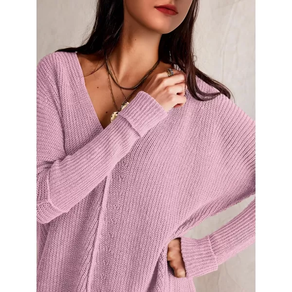 SuperPrity Womens Sweaters V Neck Long Sleeve 2024 Fall Oversized Front Slit Knit Pullover Sweaters Top Casual Trendy ClothesLight Purple