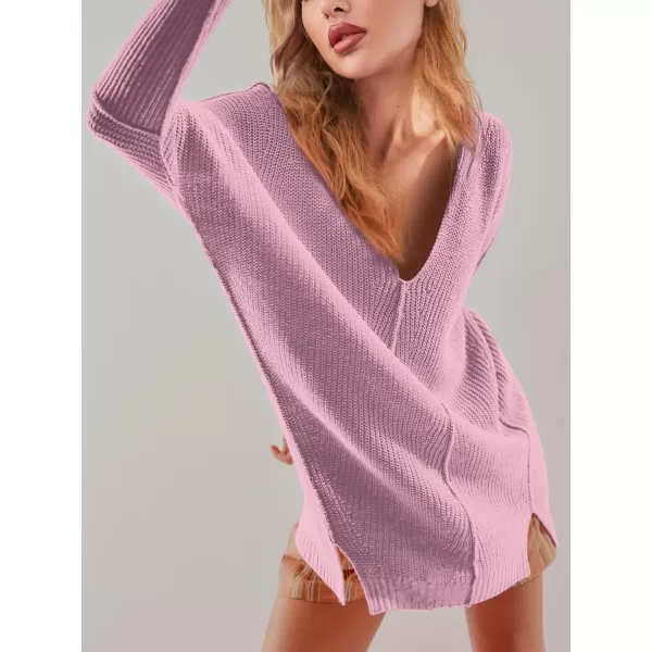 SuperPrity Womens Sweaters V Neck Long Sleeve 2024 Fall Oversized Front Slit Knit Pullover Sweaters Top Casual Trendy ClothesLight Purple