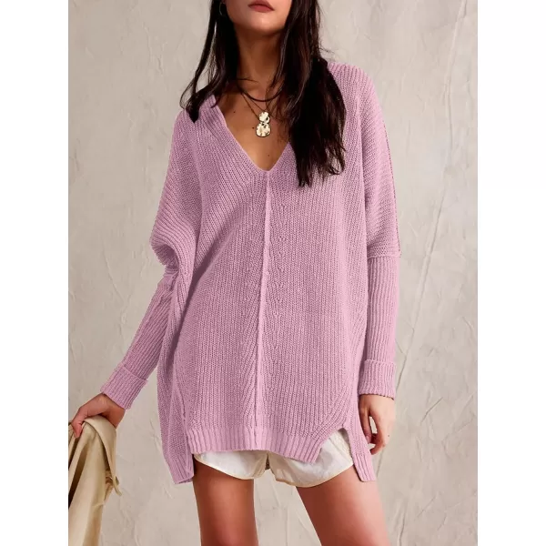 SuperPrity Womens Sweaters V Neck Long Sleeve 2024 Fall Oversized Front Slit Knit Pullover Sweaters Top Casual Trendy ClothesLight Purple