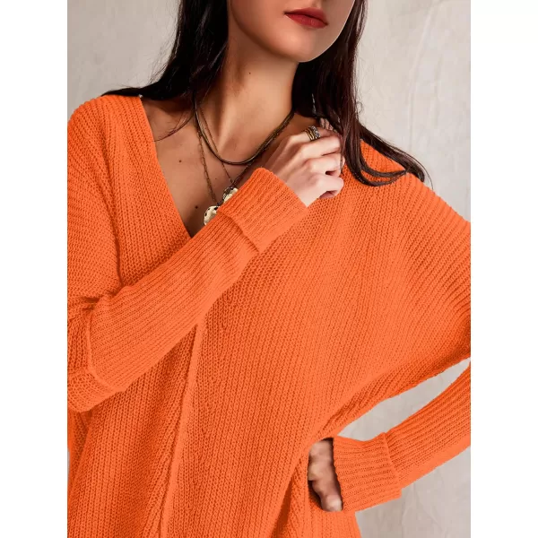 SuperPrity Womens Sweaters V Neck Long Sleeve 2024 Fall Oversized Front Slit Knit Pullover Sweaters Top Casual Trendy ClothesOrange