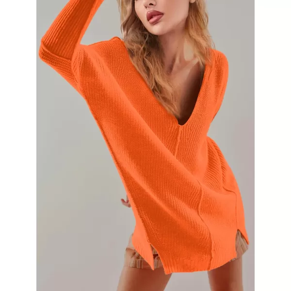 SuperPrity Womens Sweaters V Neck Long Sleeve 2024 Fall Oversized Front Slit Knit Pullover Sweaters Top Casual Trendy ClothesOrange