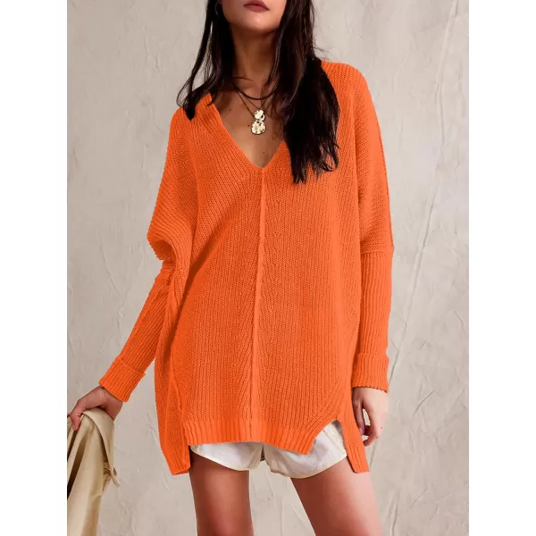 SuperPrity Womens Sweaters V Neck Long Sleeve 2024 Fall Oversized Front Slit Knit Pullover Sweaters Top Casual Trendy ClothesOrange