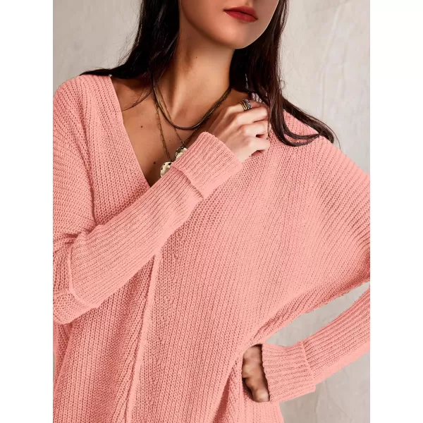 SuperPrity Womens Sweaters V Neck Long Sleeve 2024 Fall Oversized Front Slit Knit Pullover Sweaters Top Casual Trendy ClothesPink