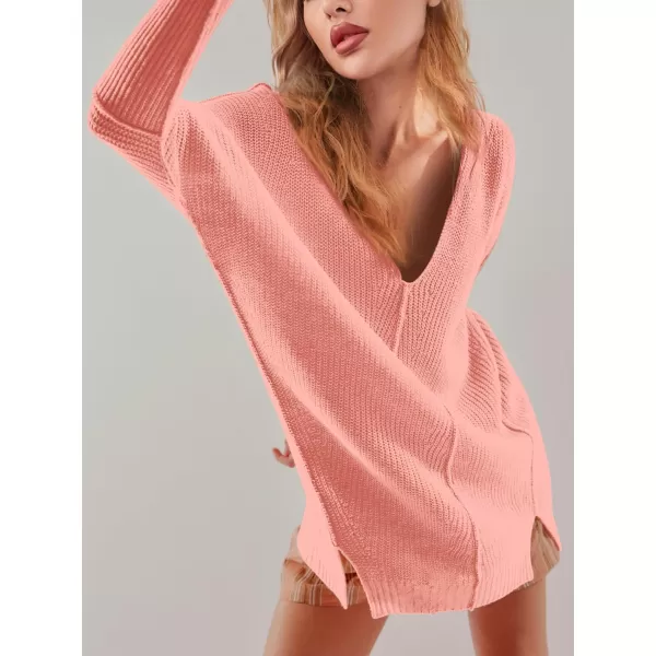 SuperPrity Womens Sweaters V Neck Long Sleeve 2024 Fall Oversized Front Slit Knit Pullover Sweaters Top Casual Trendy ClothesPink