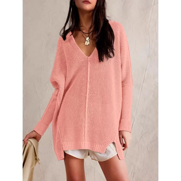 SuperPrity Womens Sweaters V Neck Long Sleeve 2024 Fall Oversized Front Slit Knit Pullover Sweaters Top Casual Trendy ClothesPink