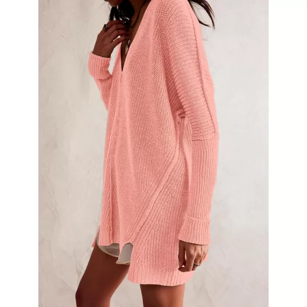 SuperPrity Womens Sweaters V Neck Long Sleeve 2024 Fall Oversized Front Slit Knit Pullover Sweaters Top Casual Trendy ClothesPink