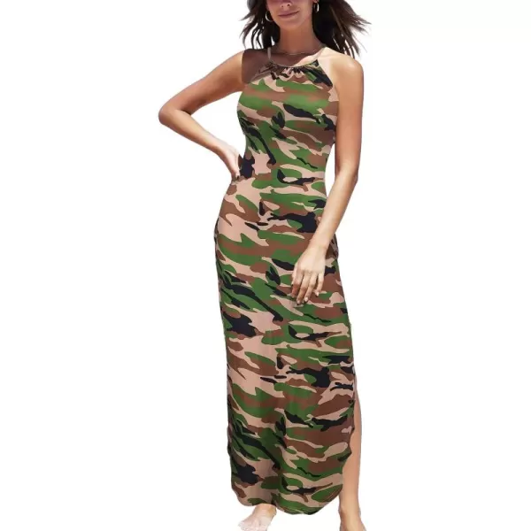 SouqFone Womens Halter Neck Maxi Dresses Sleeveless Side Split Long Dress with Pockets