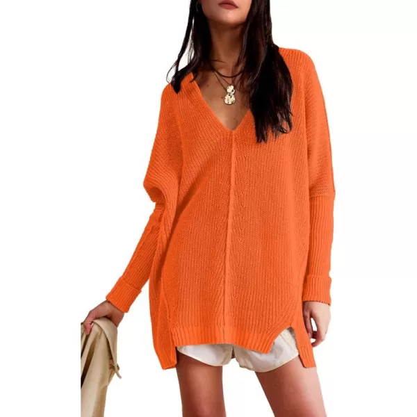 SuperPrity Womens Sweaters V Neck Long Sleeve 2024 Fall Oversized Front Slit Knit Pullover Sweaters Top Casual Trendy ClothesOrange