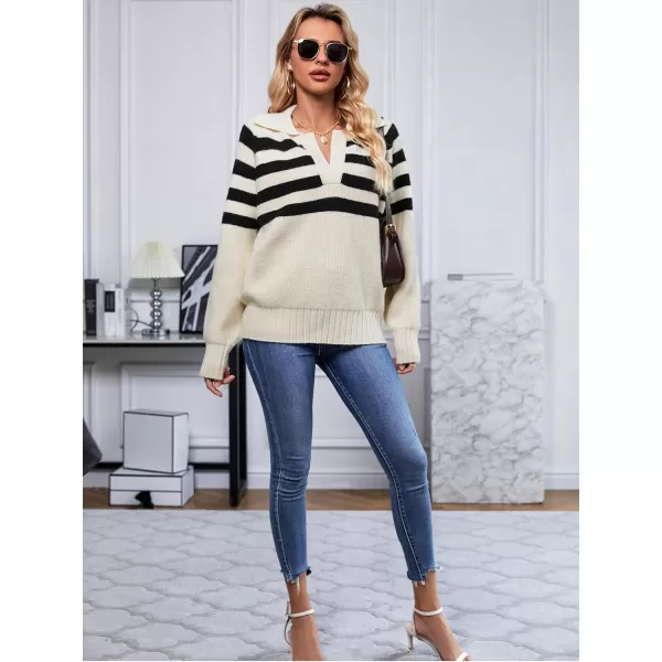 imageSuperPrity Oversized Sweaters for Women Trendy Long Sleeve Striped Collared Casual Pullover Tops Fall Fashion Clothes 2024Apricot Stripe