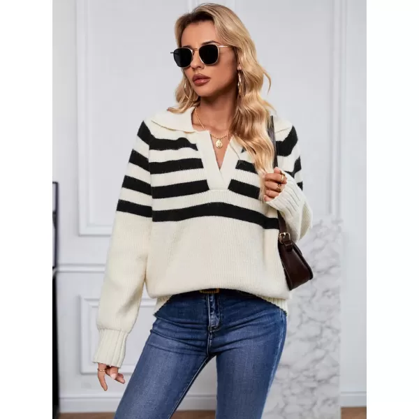 imageSuperPrity Oversized Sweaters for Women Trendy Long Sleeve Striped Collared Casual Pullover Tops Fall Fashion Clothes 2024Apricot Stripe