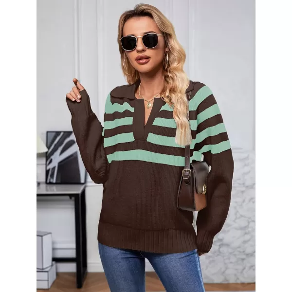 imageSuperPrity Oversized Sweaters for Women Trendy Long Sleeve Striped Collared Casual Pullover Tops Fall Fashion Clothes 2024Brown Stripe