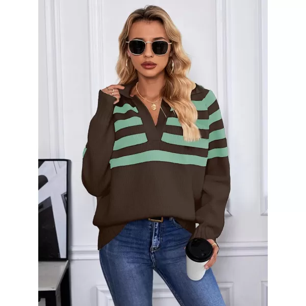 imageSuperPrity Oversized Sweaters for Women Trendy Long Sleeve Striped Collared Casual Pullover Tops Fall Fashion Clothes 2024Brown Stripe