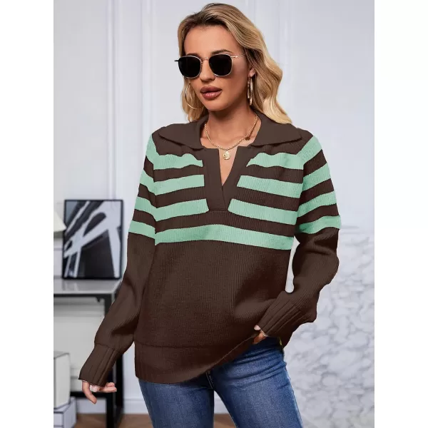 imageSuperPrity Oversized Sweaters for Women Trendy Long Sleeve Striped Collared Casual Pullover Tops Fall Fashion Clothes 2024Brown Stripe