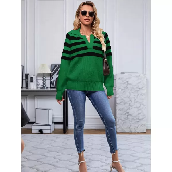 imageSuperPrity Oversized Sweaters for Women Trendy Long Sleeve Striped Collared Casual Pullover Tops Fall Fashion Clothes 2024Green Stripe