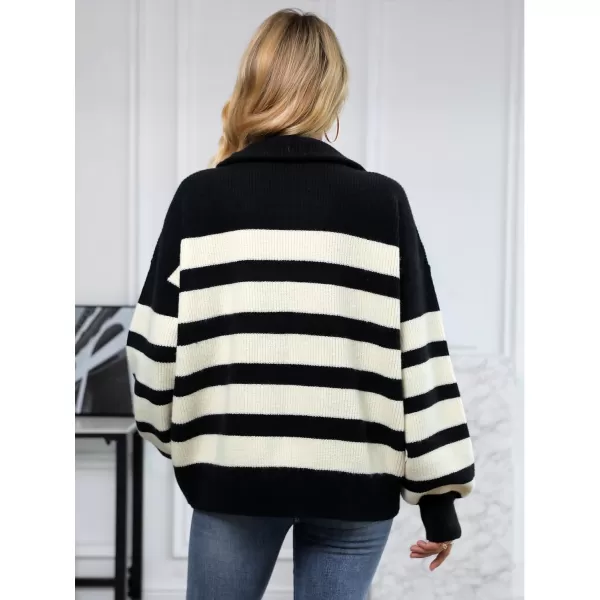 imageSuperPrity Womens Sweaters Oversized Striped Quarter Zip Long Sleeve V Neck Knit Pullover Tops 2024 Fall Fashion ClothesBlack Stripe