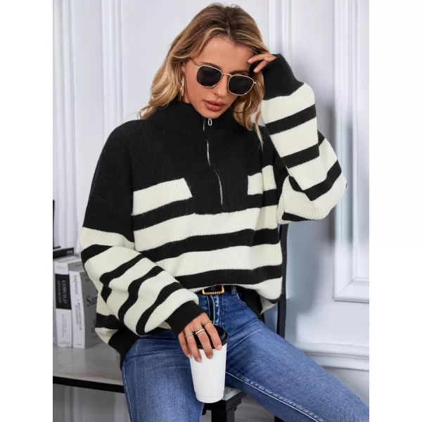 imageSuperPrity Womens Sweaters Oversized Striped Quarter Zip Long Sleeve V Neck Knit Pullover Tops 2024 Fall Fashion ClothesBlack Stripe