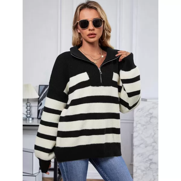 imageSuperPrity Womens Sweaters Oversized Striped Quarter Zip Long Sleeve V Neck Knit Pullover Tops 2024 Fall Fashion ClothesBlack Stripe