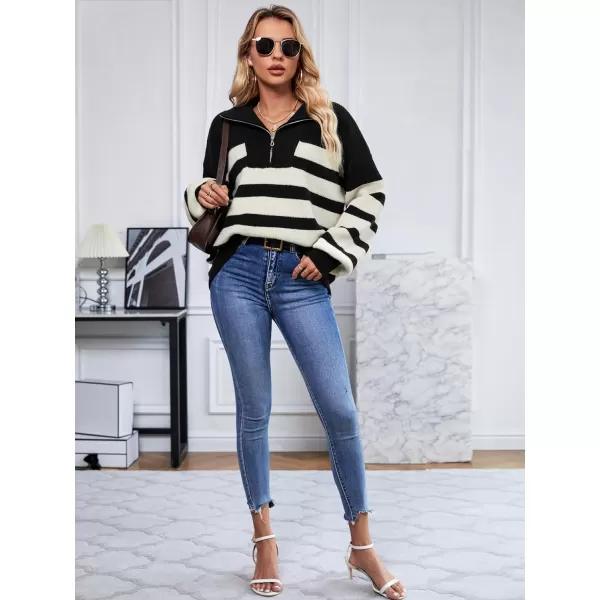 imageSuperPrity Womens Sweaters Oversized Striped Quarter Zip Long Sleeve V Neck Knit Pullover Tops 2024 Fall Fashion ClothesBlack Stripe